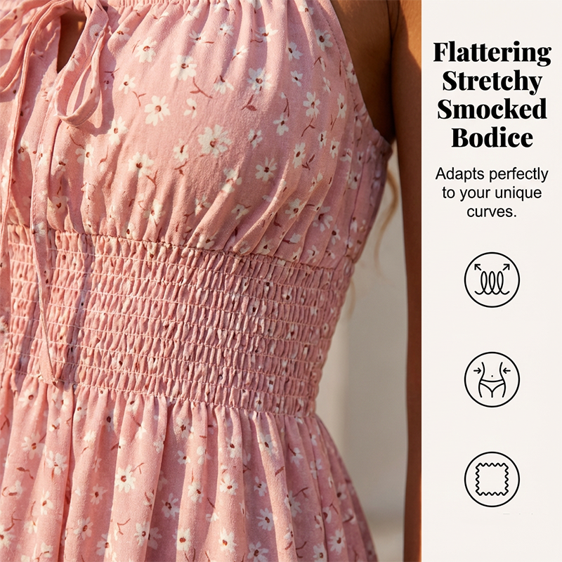 👗 LIMITED-TIME 50% OFF! 🎀 Tie-Front Smocked Dress – Spaghetti Straps, Ruffle Hem, Flattering Smocked Bodice 🌸