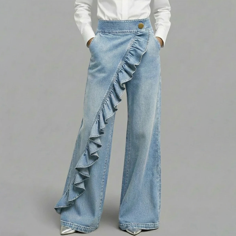👖Women's Asymmetrical Ruffle Wide-Leg Denim Pants – Stylish, breathable & a unique statement piece 💥