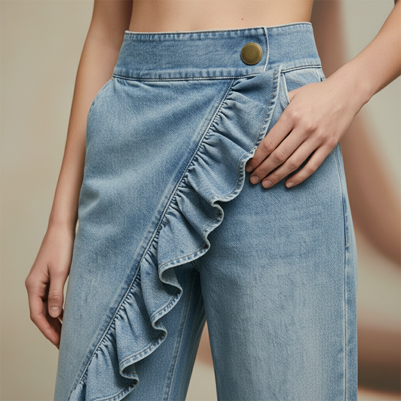 👖Women's Asymmetrical Ruffle Wide-Leg Denim Pants – Stylish, breathable & a unique statement piece 💥