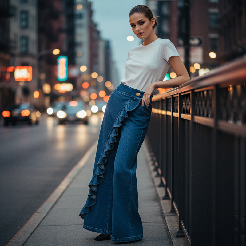 👖Women's Asymmetrical Ruffle Wide-Leg Denim Pants – Stylish, breathable & a unique statement piece 💥