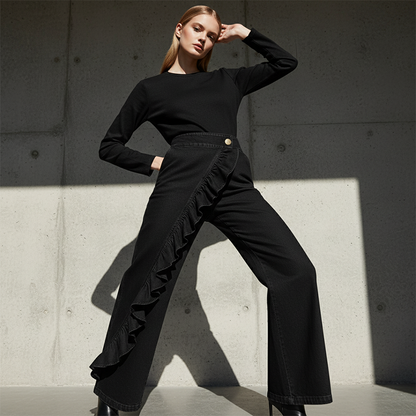 👖Women's Asymmetrical Ruffle Wide-Leg Denim Pants – Stylish, breathable & a unique statement piece 💥