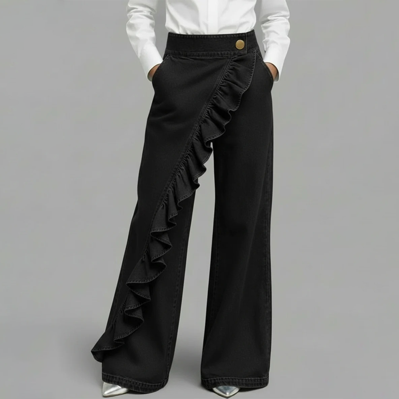 👖Women's Asymmetrical Ruffle Wide-Leg Denim Pants – Stylish, breathable & a unique statement piece 💥