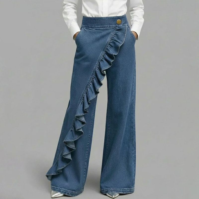 👖Women's Asymmetrical Ruffle Wide-Leg Denim Pants – Stylish, breathable & a unique statement piece 💥