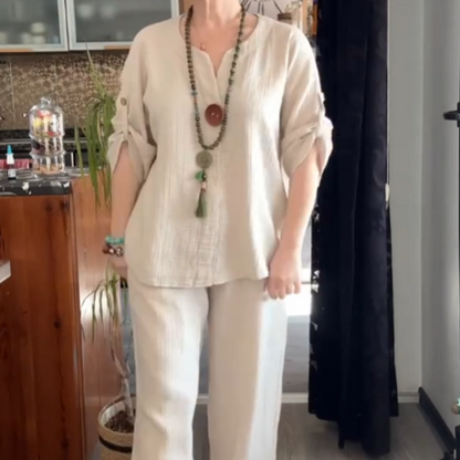 ✨👗Müheloser Chic: Bequemes Lounge-Set für Damen mit krempelbaren Ärmeln✈️Kostenloser Versand