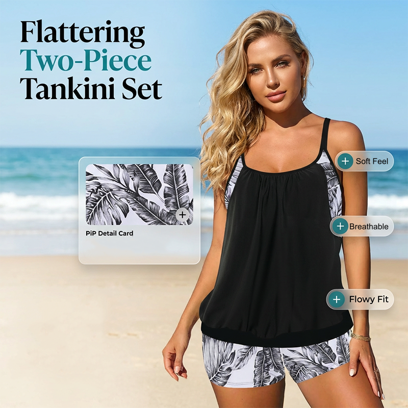 🌴Damen Zweiteiliger Blouson Tankini mit Shorts – Schwimmen, Surfen & Entspannen mit Stil👙
