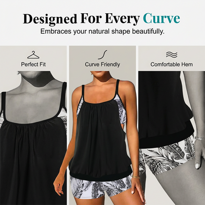 🌴Damen Zweiteiliger Blouson Tankini mit Shorts – Schwimmen, Surfen & Entspannen mit Stil👙