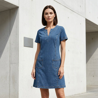 ⏳Zeitlich begrenztes Angebot⏰Damen V-Ausschnitt Jeanskleid mit kurzen Ärmeln