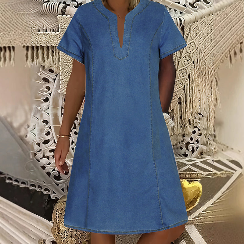 ⏳Zeitlich begrenztes Angebot⏰Damen V-Ausschnitt Jeanskleid mit kurzen Ärmeln