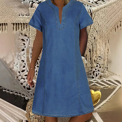 ⏳Zeitlich begrenztes Angebot⏰Damen V-Ausschnitt Jeanskleid mit kurzen Ärmeln
