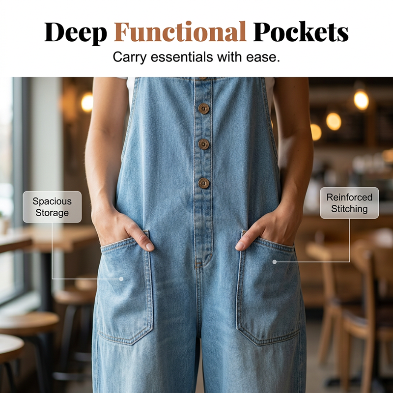 👖Lässige Baggy Jeans-Latzhose für Damen mit Taschen – Entspannter Stil, ganztägiger Komfort✨