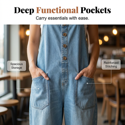 👖Lässige Baggy Jeans-Latzhose für Damen mit Taschen – Entspannter Stil, ganztägiger Komfort✨