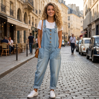 👖Lässige Baggy Jeans-Latzhose für Damen mit Taschen – Entspannter Stil, ganztägiger Komfort✨