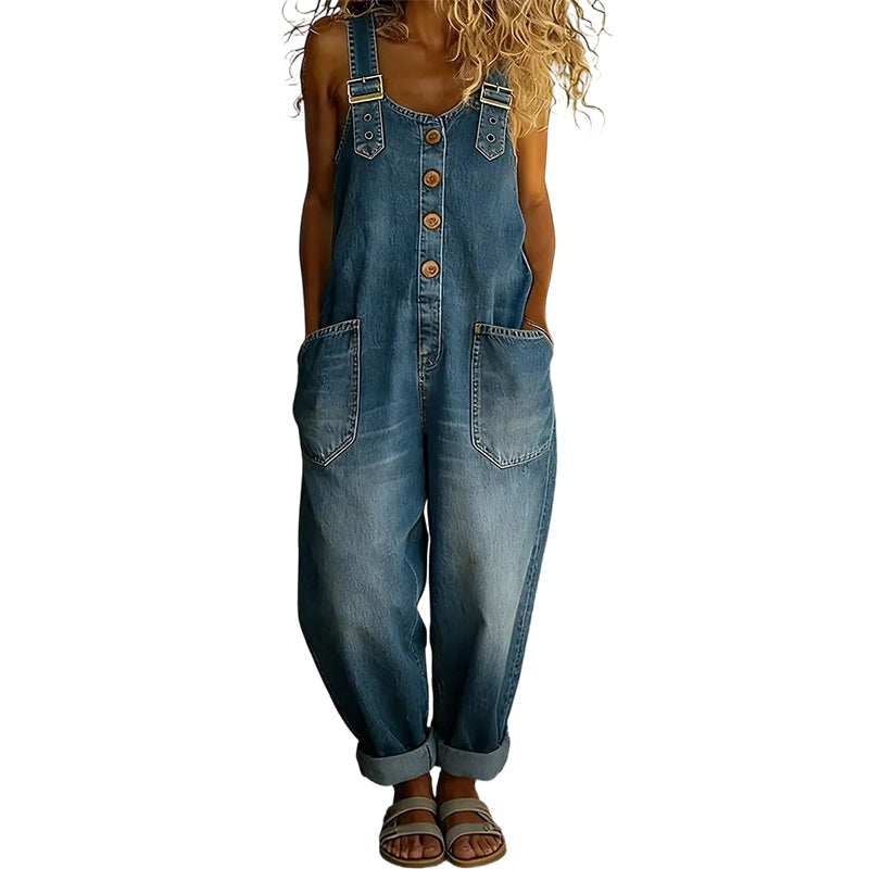 👖Lässige Baggy Jeans-Latzhose für Damen mit Taschen – Entspannter Stil, ganztägiger Komfort✨