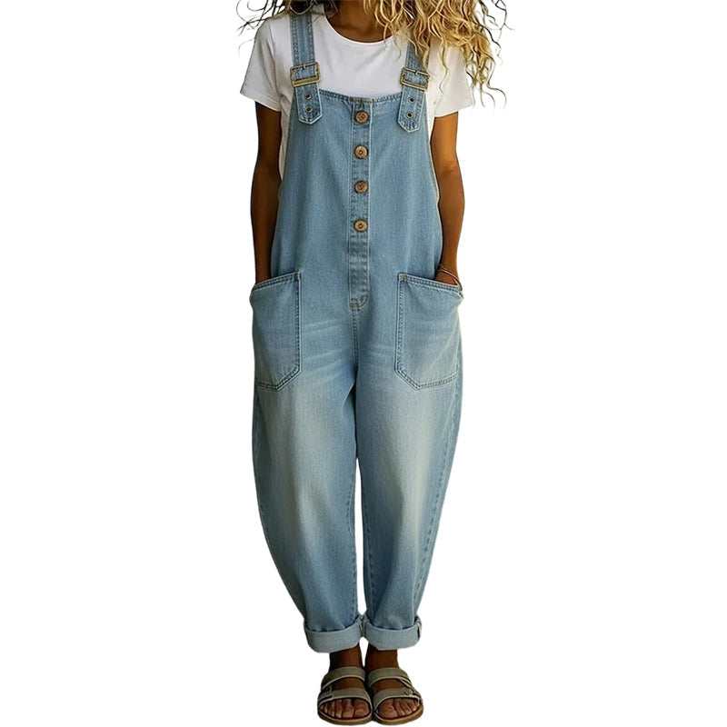 👖Lässige Baggy Jeans-Latzhose für Damen mit Taschen – Entspannter Stil, ganztägiger Komfort✨