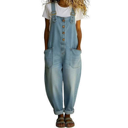 👖Lässige Baggy Jeans-Latzhose für Damen mit Taschen – Entspannter Stil, ganztägiger Komfort✨