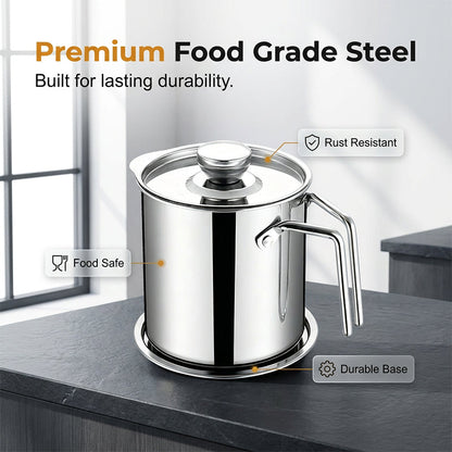 🛢️ Stainless Steel Oil Strainer Pot With Lid – Clean, Safe & Effortless🍳
