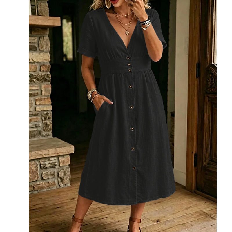 🌸 Mühelose Sommer-Eleganz – Damen Sommer V-Ausschnitt Knopfleistenkleid☀️