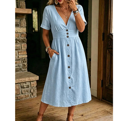 🌸 Mühelose Sommer-Eleganz – Damen Sommer V-Ausschnitt Knopfleistenkleid☀️