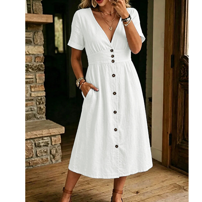 🌸 Mühelose Sommer-Eleganz – Damen Sommer V-Ausschnitt Knopfleistenkleid☀️