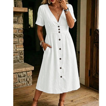 🌸 Mühelose Sommer-Eleganz – Damen Sommer V-Ausschnitt Knopfleistenkleid☀️