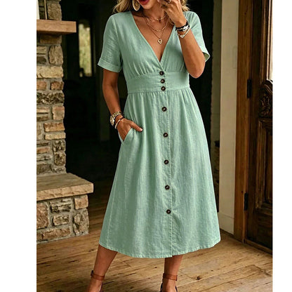 🌸 Mühelose Sommer-Eleganz – Damen Sommer V-Ausschnitt Knopfleistenkleid☀️