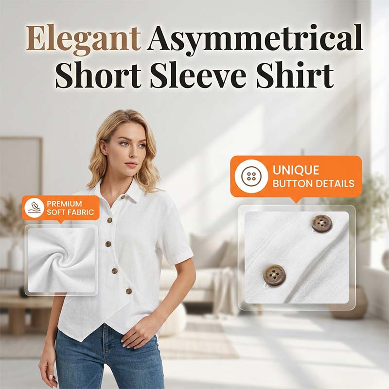 ✨ Effortless Elegance –Women's Asymmetrical Button-Up Short Sleeve Shirt👚