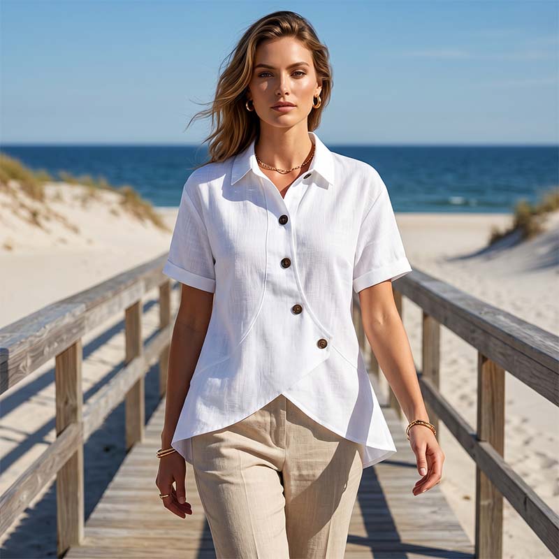 ✨ Effortless Elegance –Women's Asymmetrical Button-Up Short Sleeve Shirt👚