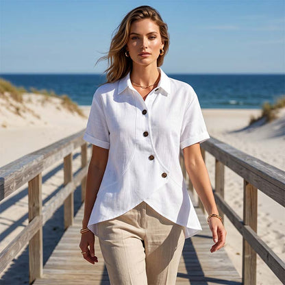 ✨ Effortless Elegance –Women's Asymmetrical Button-Up Short Sleeve Shirt👚