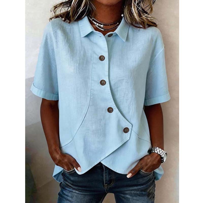 ✨ Effortless Elegance –Women's Asymmetrical Button-Up Short Sleeve Shirt👚