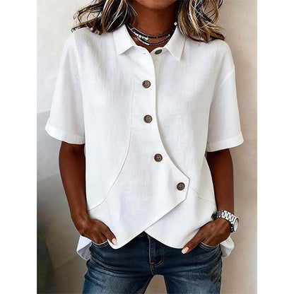 ✨ Effortless Elegance –Women's Asymmetrical Button-Up Short Sleeve Shirt👚