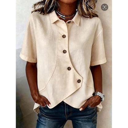 ✨ Effortless Elegance –Women's Asymmetrical Button-Up Short Sleeve Shirt👚