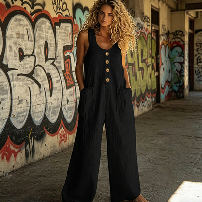 🌿Damen Ärmelloser Jumpsuit mit weitem Bein und Taschen – Schick, bequem & mühelos