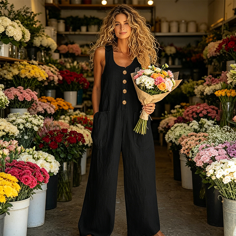 🌿Damen Ärmelloser Jumpsuit mit weitem Bein und Taschen – Schick, bequem & mühelos