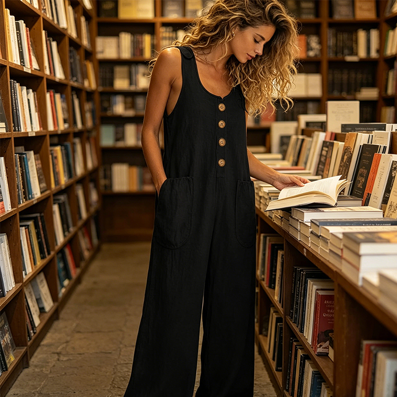 🌿Damen Ärmelloser Jumpsuit mit weitem Bein und Taschen – Schick, bequem & mühelos
