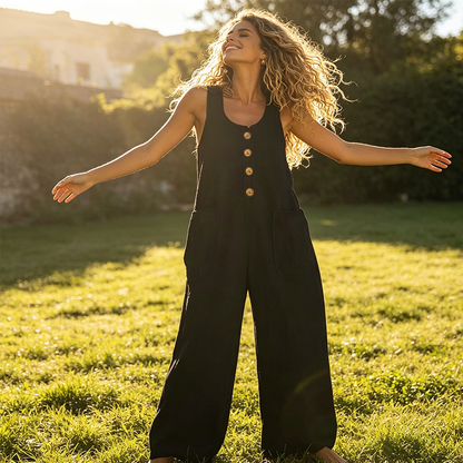🌿Damen Ärmelloser Jumpsuit mit weitem Bein und Taschen – Schick, bequem & mühelos