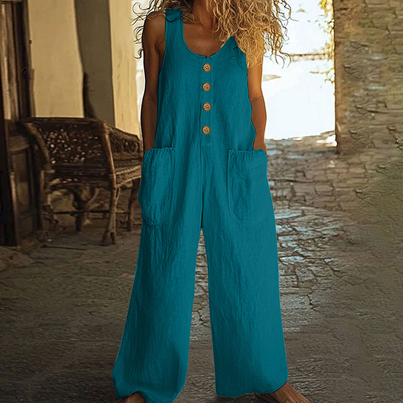 🌿Damen Ärmelloser Jumpsuit mit weitem Bein und Taschen – Schick, bequem & mühelos