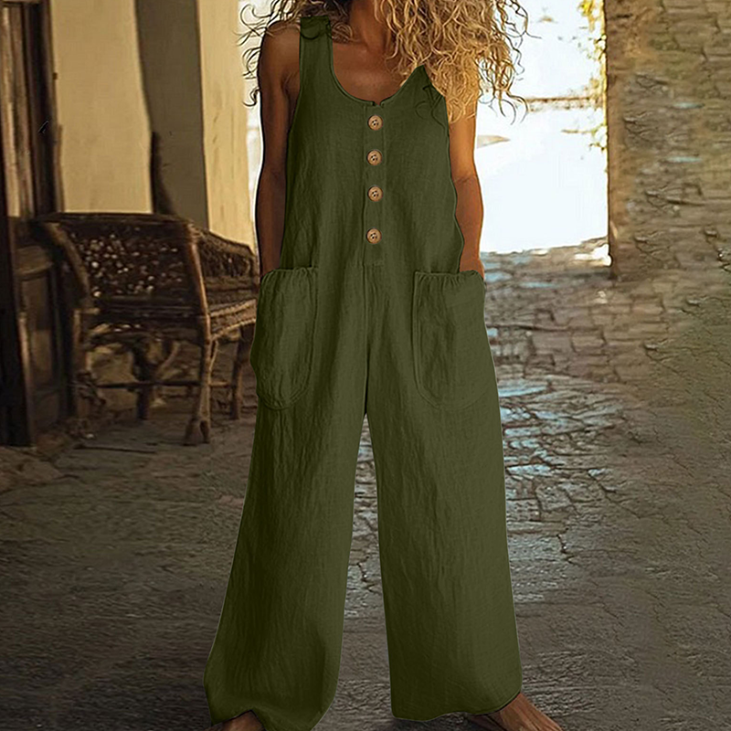 🌿Damen Ärmelloser Jumpsuit mit weitem Bein und Taschen – Schick, bequem & mühelos