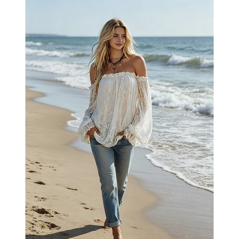 👚 JETZT 50 % RABATT! 🌸 Damen Boho Off-Shoulder Spitzentop – Neuheiten 2026 – Romantisch, atmungsaktiv & perfekt für Sommer, Strand oder Festival-Vibes ✨