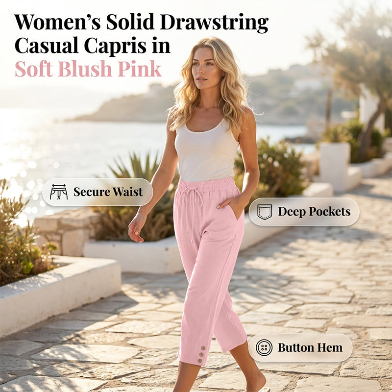 🌸 Effortless Chic & Comfort – Women's Solid Drawstring Cotton Linen Capris✨