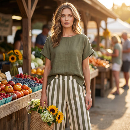 🌿 Müheloser Wochenend-Stil – Damen Casual Oberteil & Gestreifte Weite Hose, die Sie lieben werden 👖👚