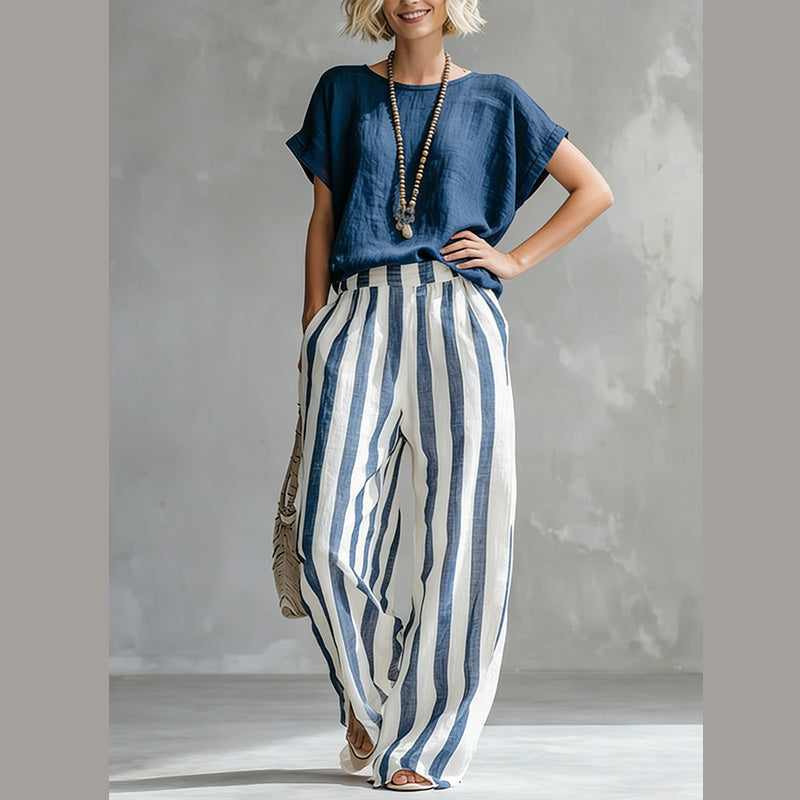 🌿 Müheloser Wochenend-Stil – Damen Casual Oberteil & Gestreifte Weite Hose, die Sie lieben werden 👖👚