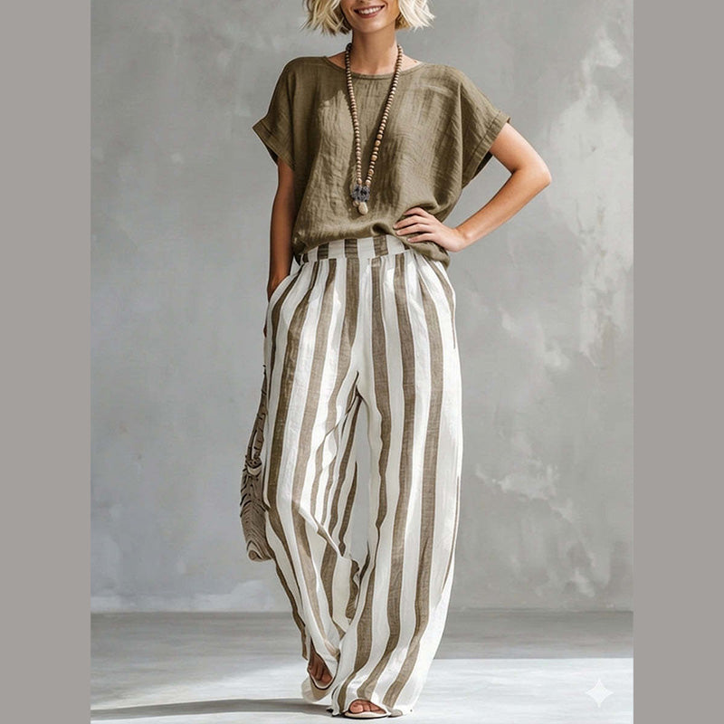 🌿 Müheloser Wochenend-Stil – Damen Casual Oberteil & Gestreifte Weite Hose, die Sie lieben werden 👖👚