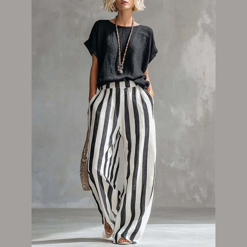 🌿 Müheloser Wochenend-Stil – Damen Casual Oberteil & Gestreifte Weite Hose, die Sie lieben werden 👖👚