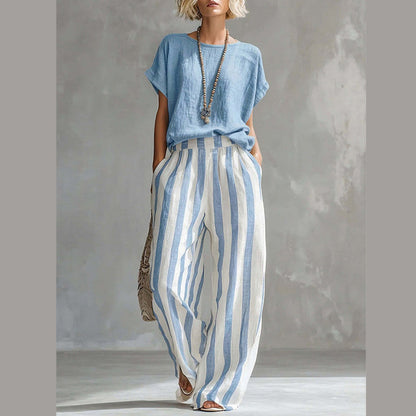 🌿 Müheloser Wochenend-Stil – Damen Casual Oberteil & Gestreifte Weite Hose, die Sie lieben werden 👖👚
