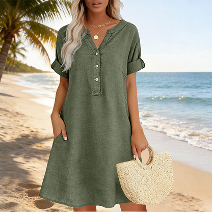 🏖️50% RABATT!👗Damen V-Ausschnitt Tunikakleid – lockere Passform, Taschen & atmungsaktiv