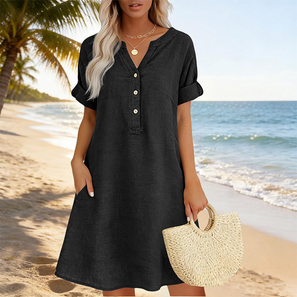 🏖️50% RABATT!👗Damen V-Ausschnitt Tunikakleid – lockere Passform, Taschen & atmungsaktiv