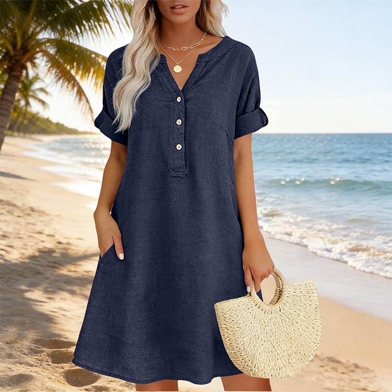 🏖️50% RABATT!👗Damen V-Ausschnitt Tunikakleid – lockere Passform, Taschen & atmungsaktiv
