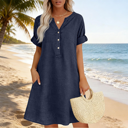 🏖️50% RABATT!👗Damen V-Ausschnitt Tunikakleid – lockere Passform, Taschen & atmungsaktiv