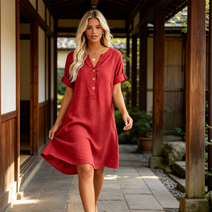 🏖️50% RABATT!👗Damen V-Ausschnitt Tunikakleid – lockere Passform, Taschen & atmungsaktiv