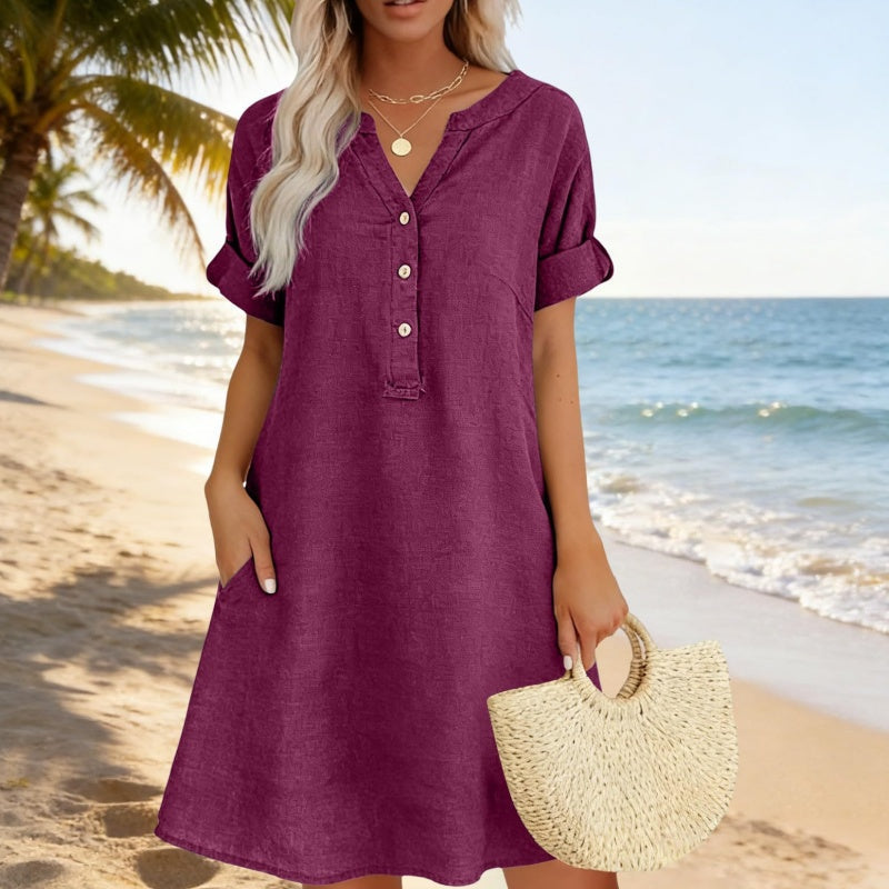 🏖️50% RABATT!👗Damen V-Ausschnitt Tunikakleid – lockere Passform, Taschen & atmungsaktiv